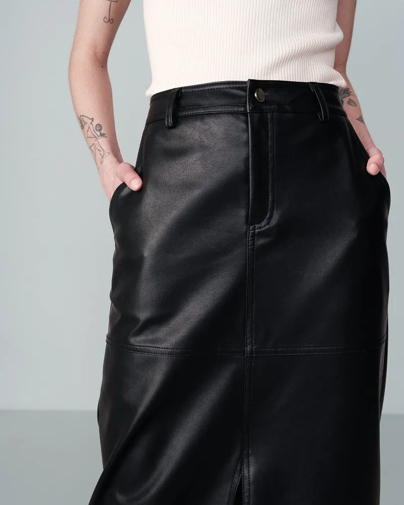 Nory Faux Leather Midi Skirt Black