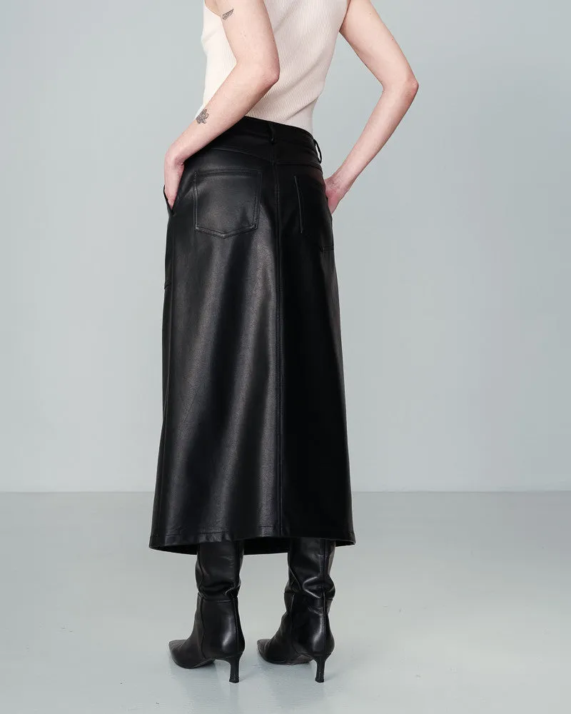 Nory Faux Leather Midi Skirt Black