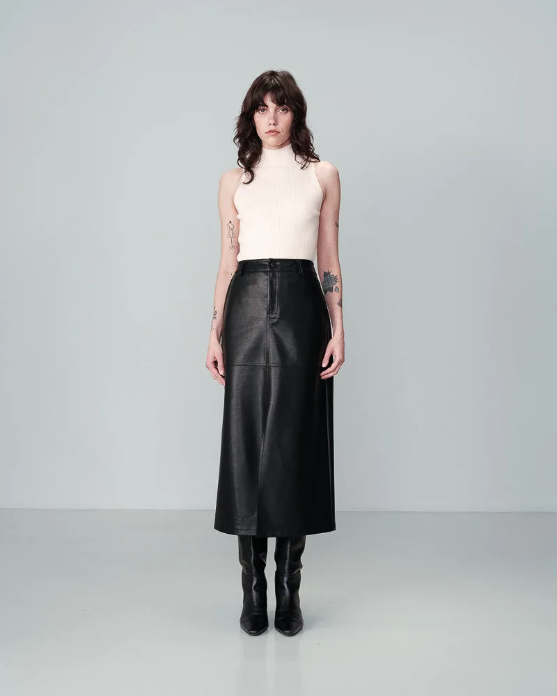 Nory Faux Leather Midi Skirt Black