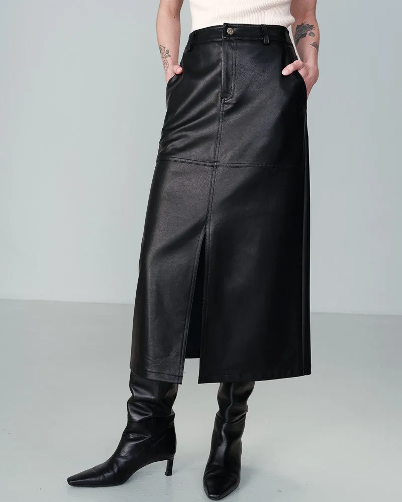 Nory Faux Leather Midi Skirt Black