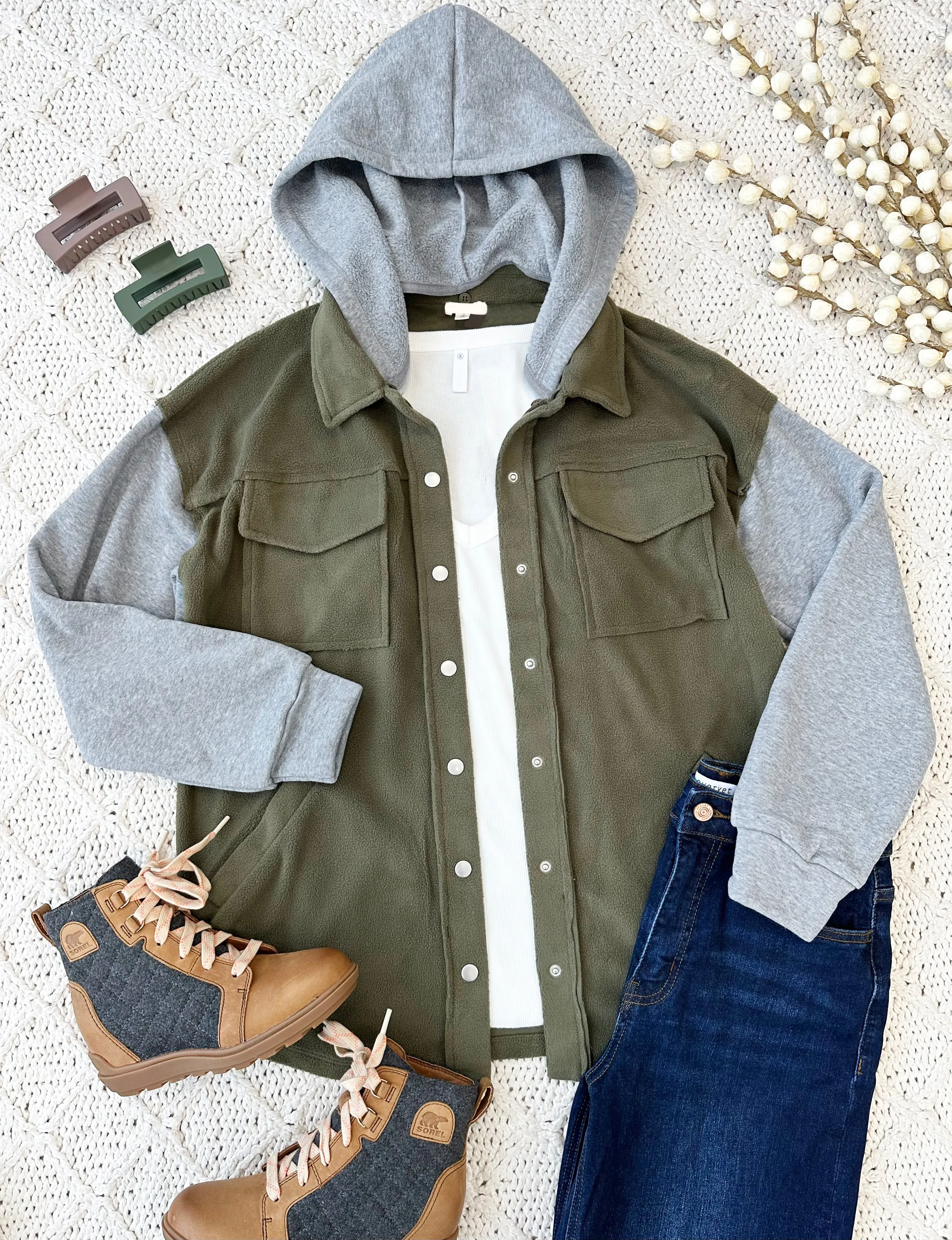 Olive & Gray Fleece Shacket