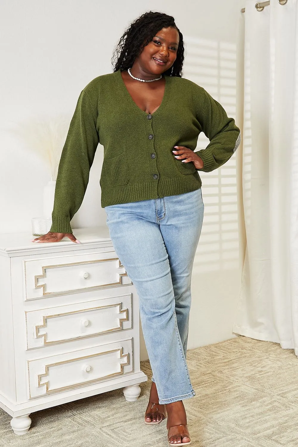 Olive Elbow Patch Button Down Cardigan