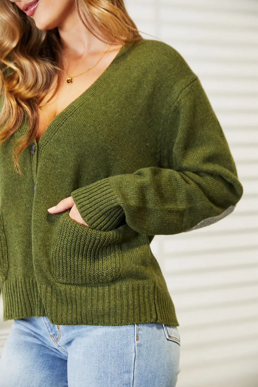 Olive Elbow Patch Button Down Cardigan