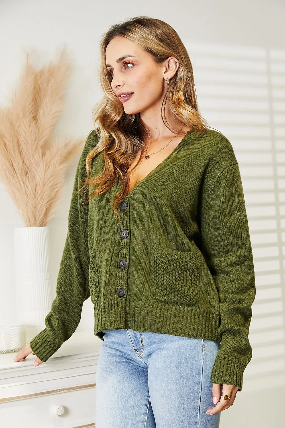 Olive Elbow Patch Button Down Cardigan