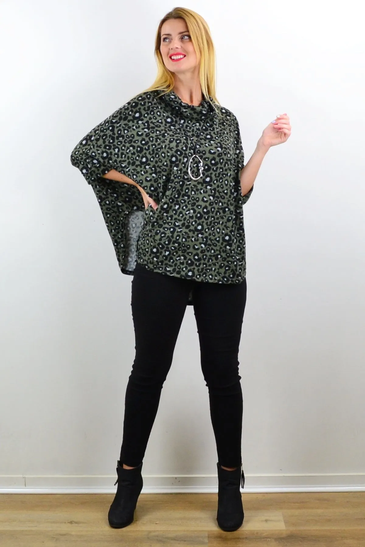 Olive Panther Poncho Tunic Top