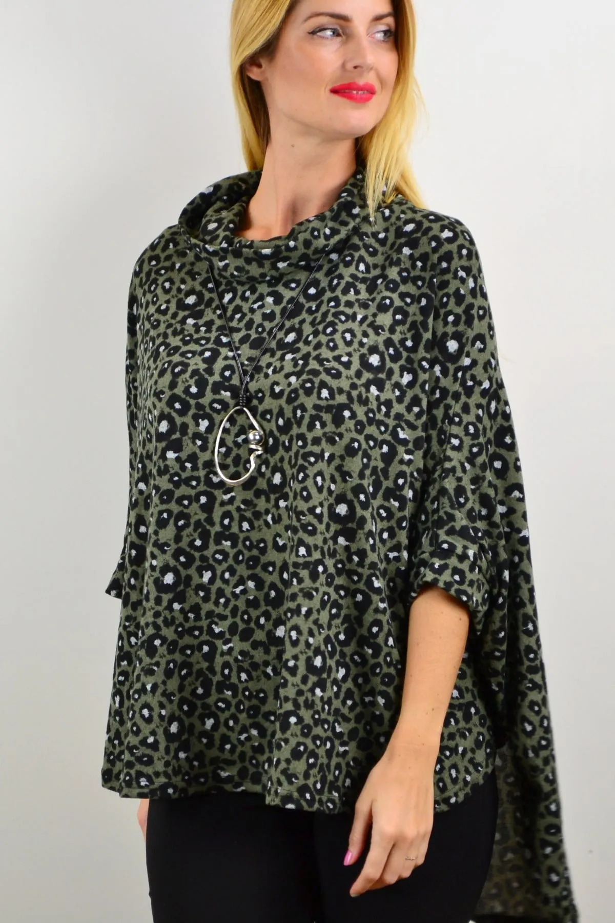 Olive Panther Poncho Tunic Top