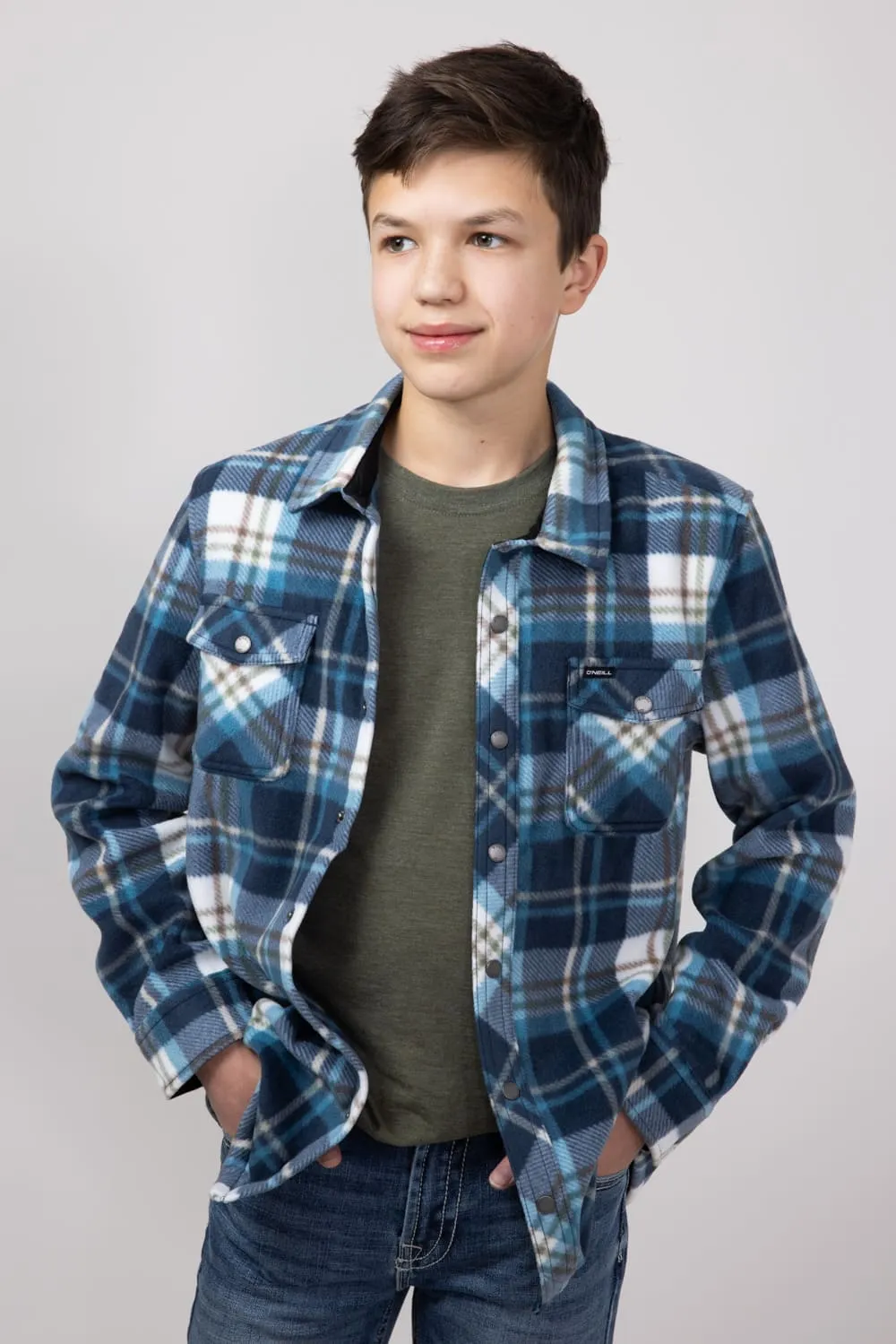 O’Neill Youth Glacier Super Fleece Plaid Shacket for Boys in Midnight Navy | FA4204203-MNAVY