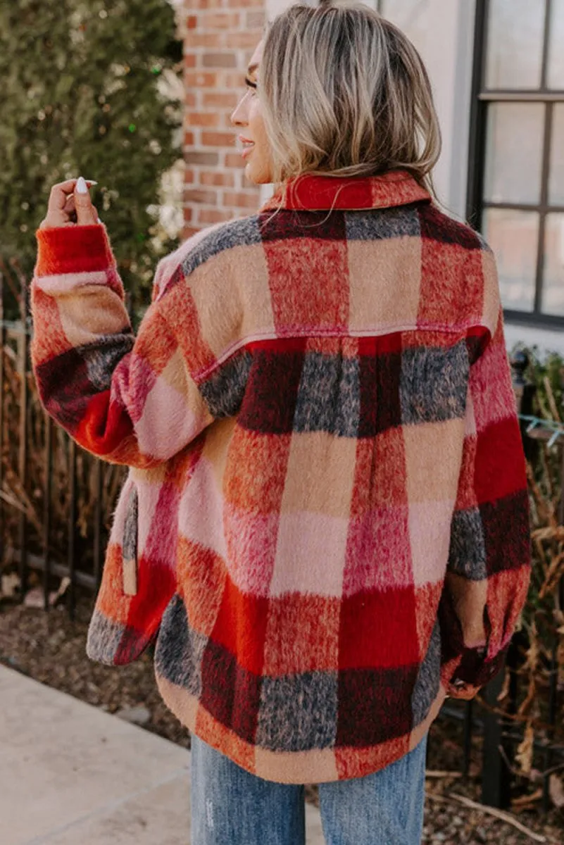 Orange Plaid Casual Buttoned Plus Size Shacket