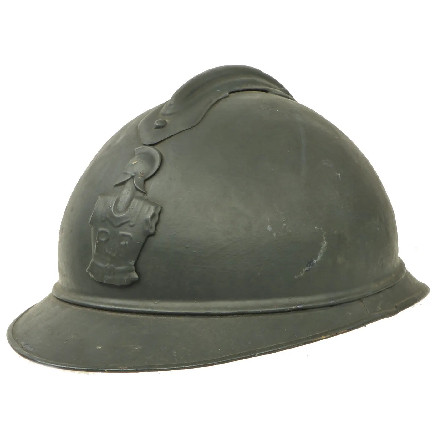 Original French WWI Model 1915 Adrian Helmet in Horizon Blue with Combat Engineer Badge