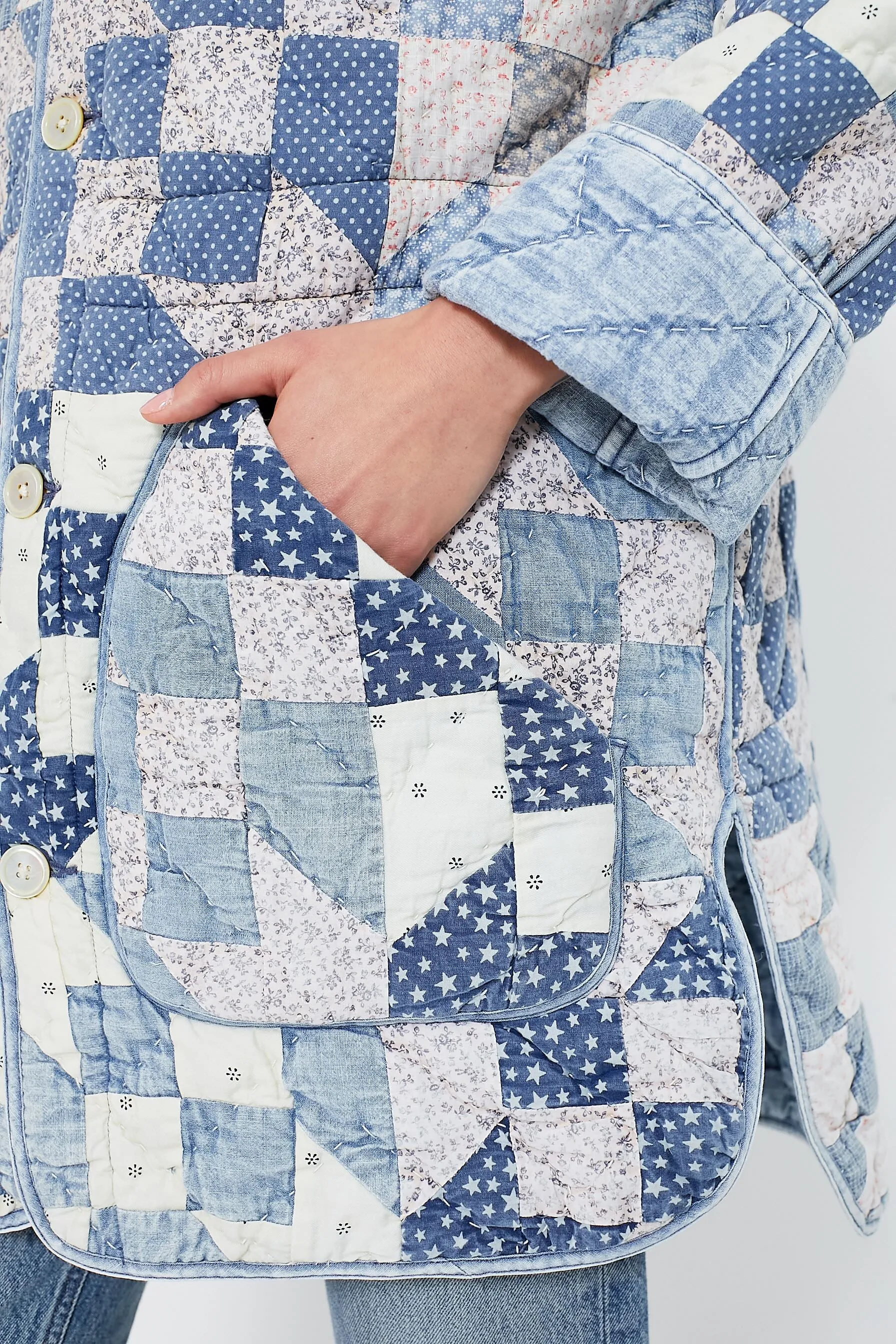 Patchwork Chambray Cotton Blend Reversible Coat