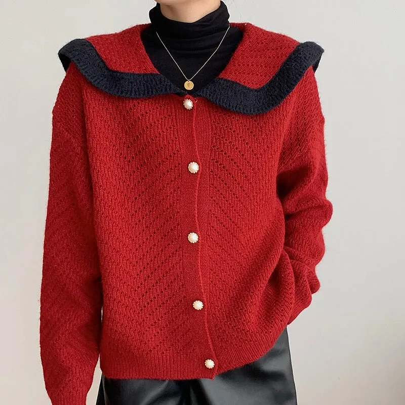 Patchwork Women Cardigan Sweater Harajuku Fashion Sailor Collar Pearl Button Knitted Jacket  Fall Casual Female Coats