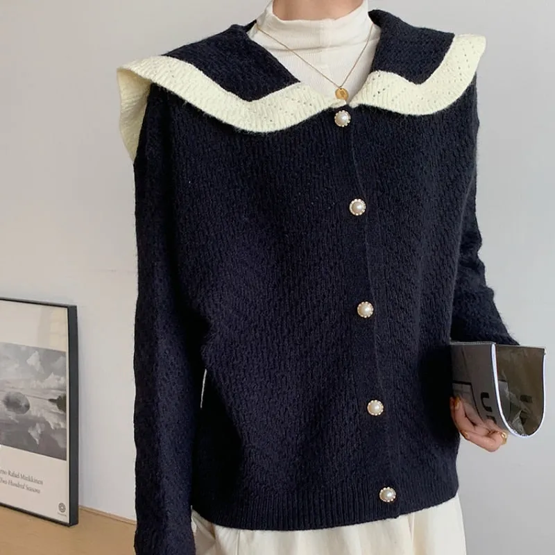 Patchwork Women Cardigan Sweater Harajuku Fashion Sailor Collar Pearl Button Knitted Jacket  Fall Casual Female Coats