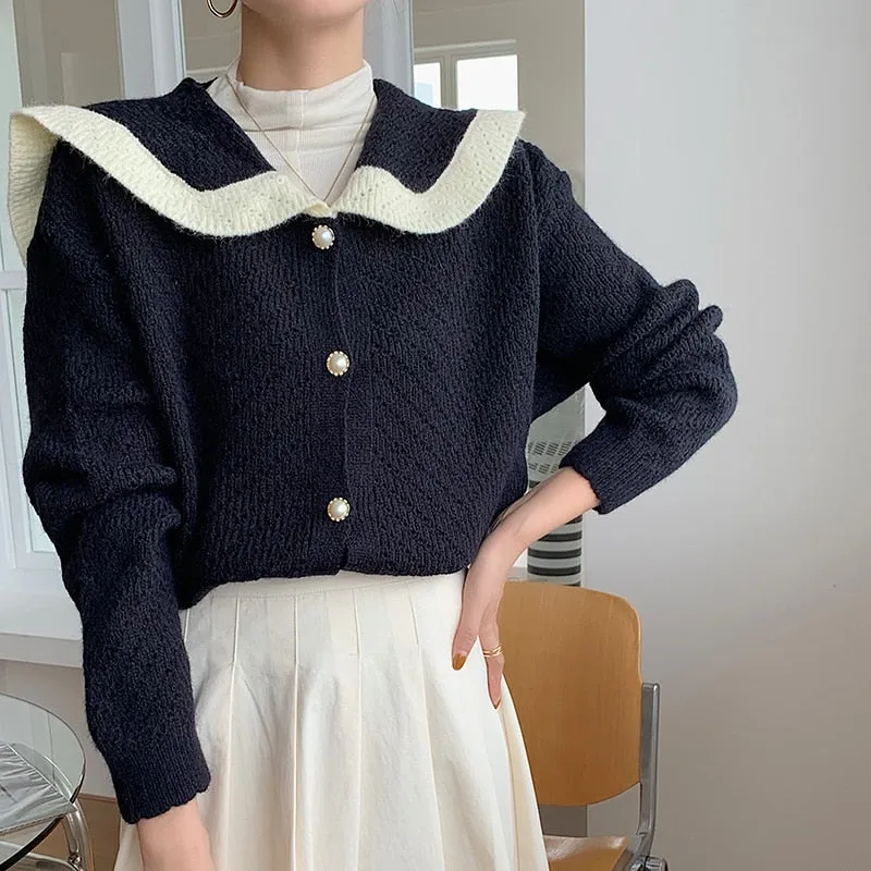 Patchwork Women Cardigan Sweater Harajuku Fashion Sailor Collar Pearl Button Knitted Jacket  Fall Casual Female Coats