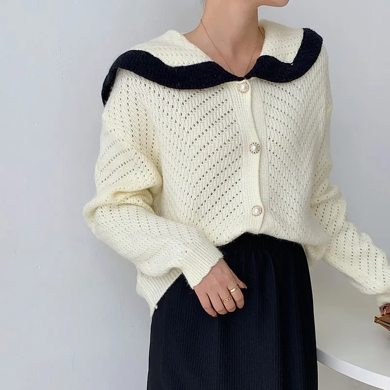 Patchwork Women Cardigan Sweater Harajuku Fashion Sailor Collar Pearl Button Knitted Jacket  Fall Casual Female Coats