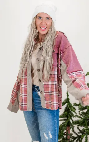 Plaid Mix Corduroy Button Down Shacket