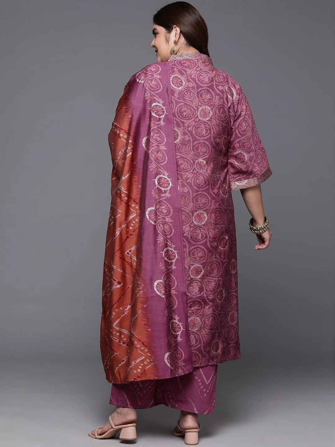 Plus Size Mauve Printed Silk Blend Straight Suit With Dupatta