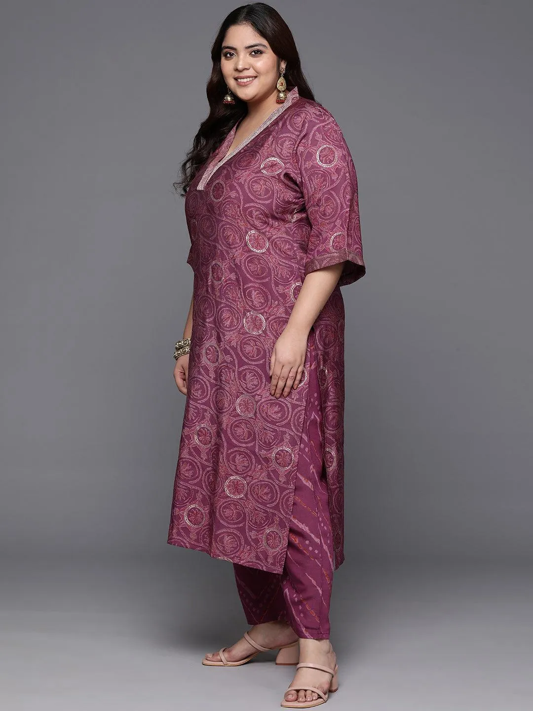 Plus Size Mauve Printed Silk Blend Straight Suit With Dupatta