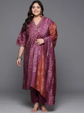 Plus Size Mauve Printed Silk Blend Straight Suit With Dupatta