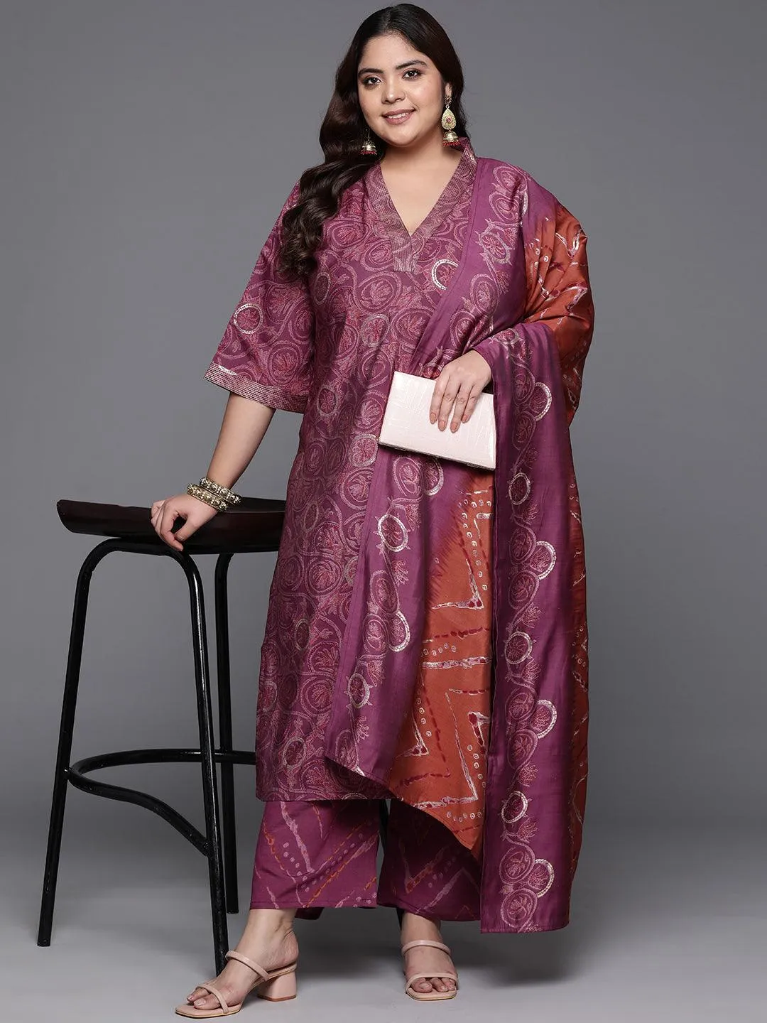 Plus Size Mauve Printed Silk Blend Straight Suit With Dupatta