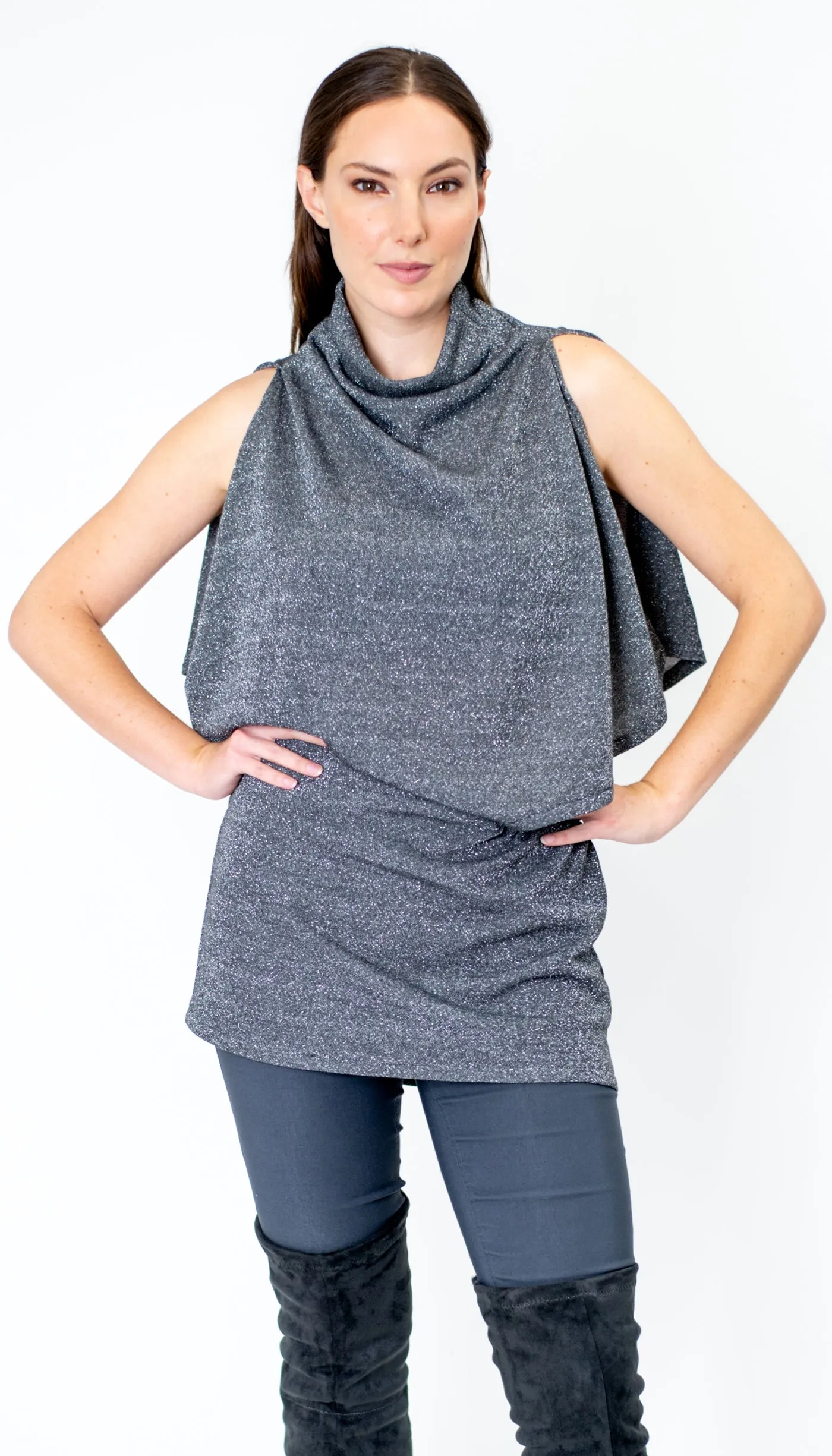 Poncho Tunic Top w/Split Shoulder / Silver Sparkle