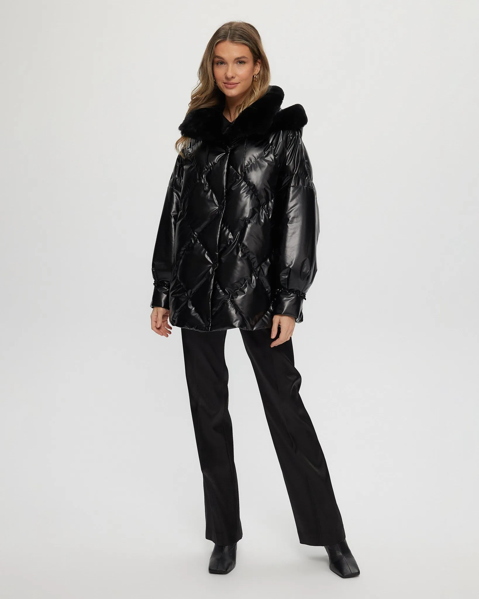 QUILTED PARKA WITH SHEARLING LAMB COLLAR & HOOD TRIM