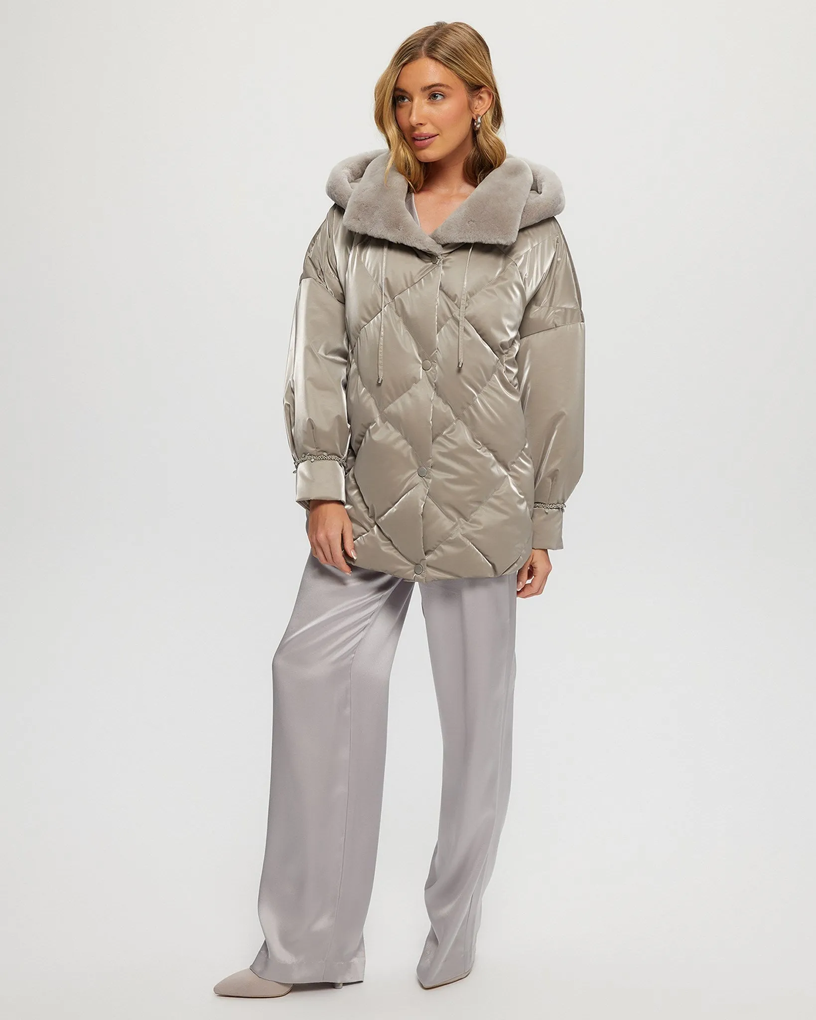 QUILTED PARKA WITH SHEARLING LAMB COLLAR & HOOD TRIM