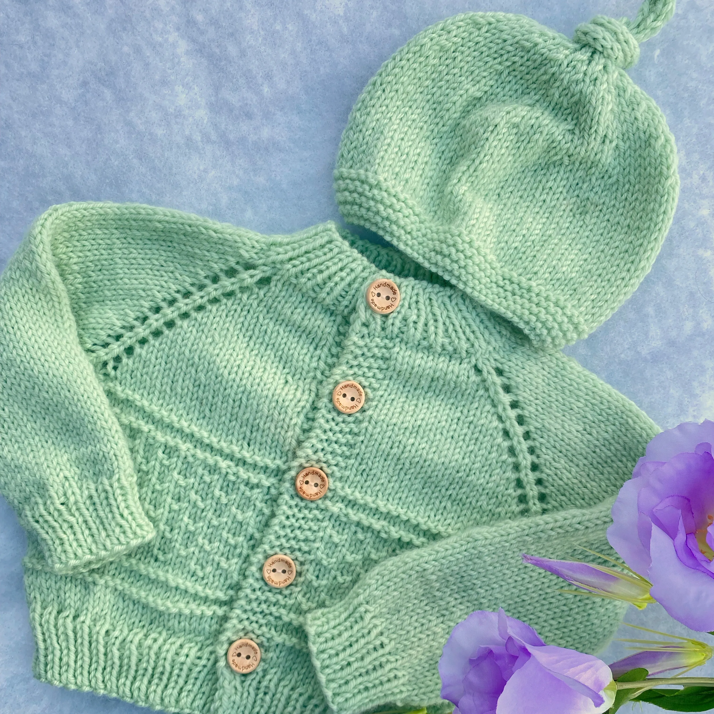 "Kinzie" patterned merino baby cardigan & hat set