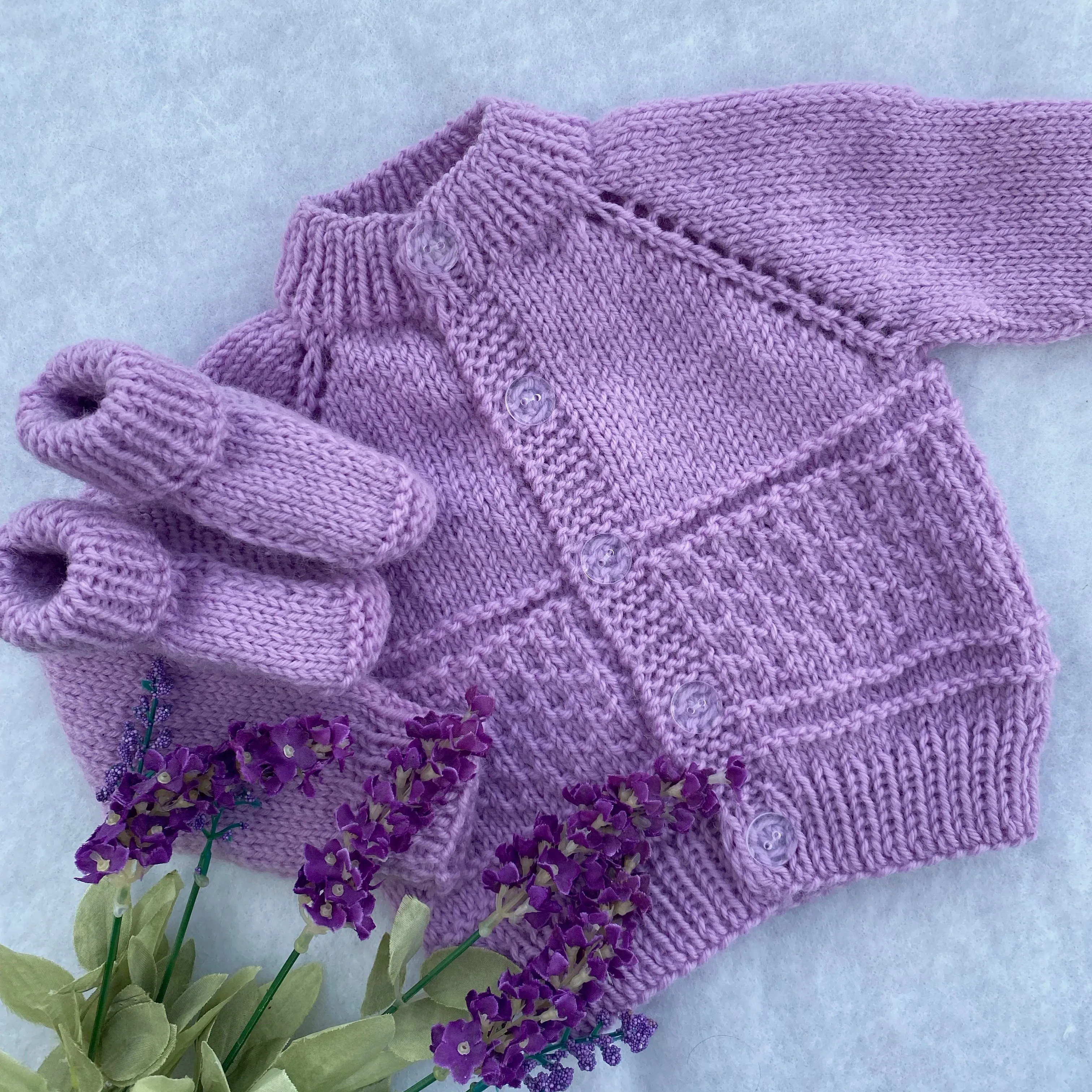 "Kinzie" patterned merino baby cardigan & hat set