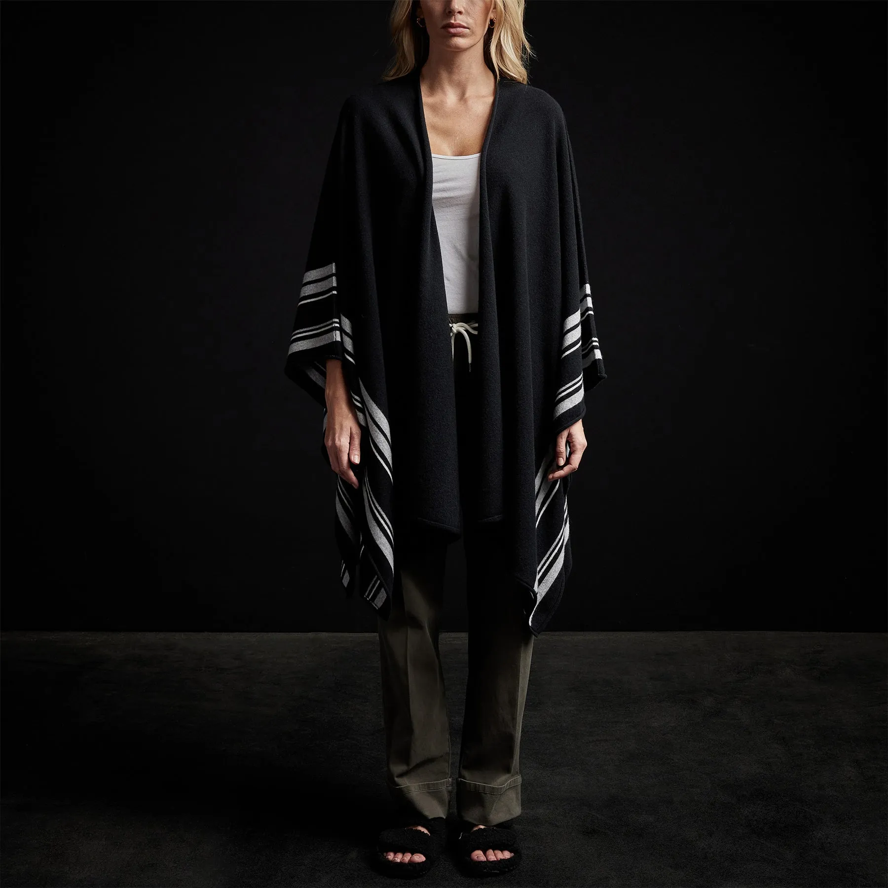 Recycled Cashmere Striped Poncho - Black