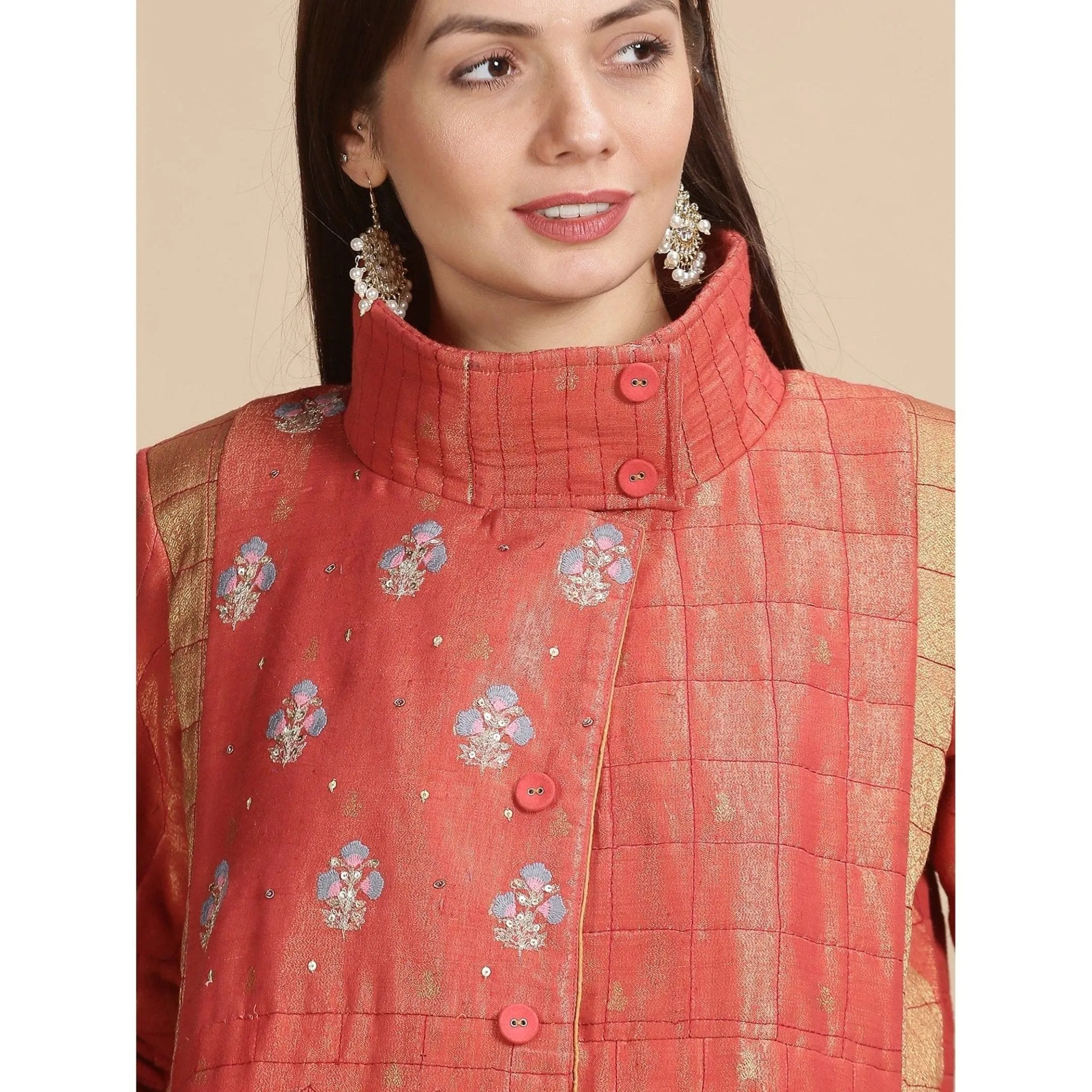 Red Banarsi Zari Quilted Jacket