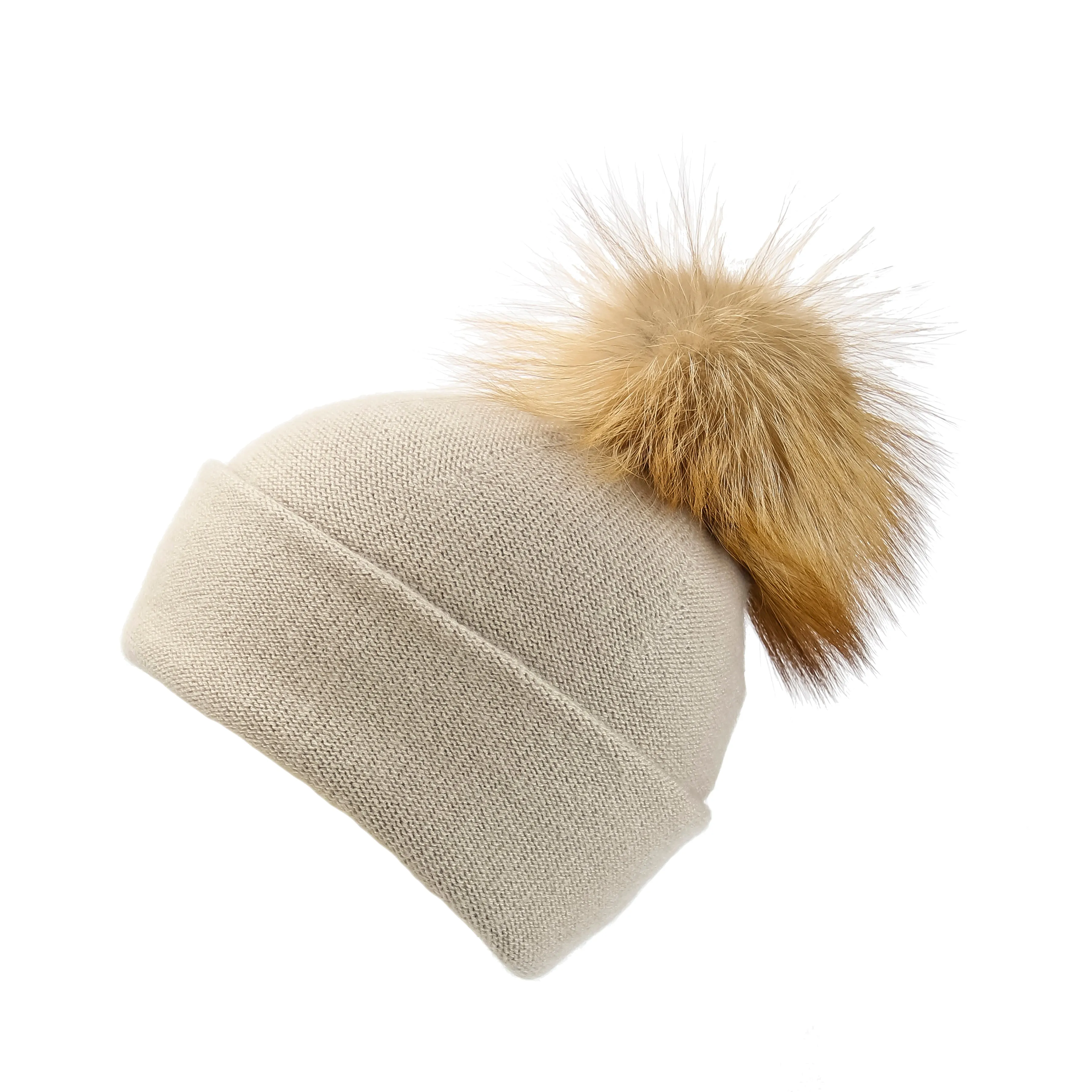 Reversible Slouchy Sand Cashmere Hat with Light Caramel Pom-Pom