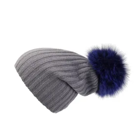 Ribbed Grey Cashmere Hat with Electric Blue Pom-Pom