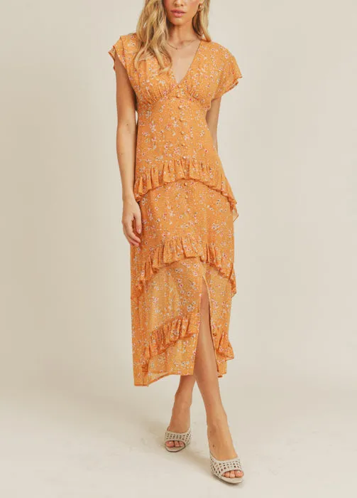 Ruffle Detail Floral Saffron Midi Dress