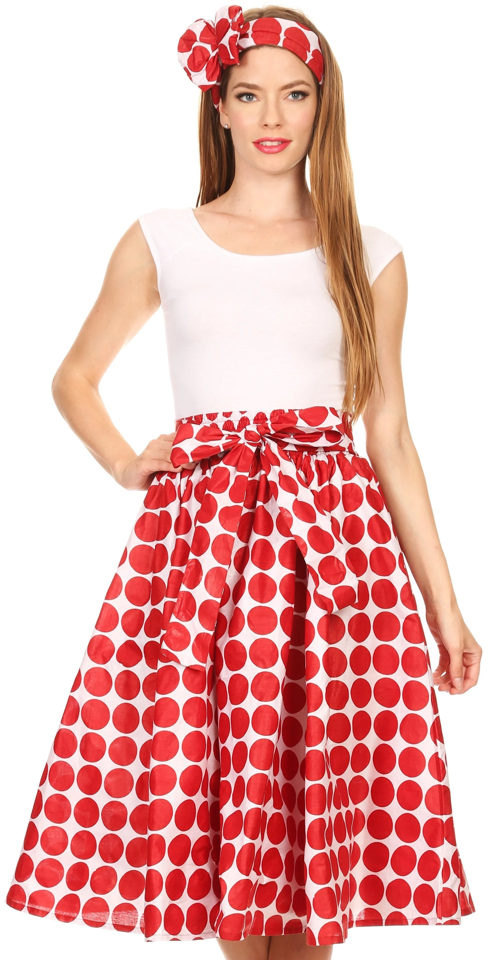 Sakkas Mahina Wax Print Polka Dot Full Circle Elastic Waist Midi Skirt