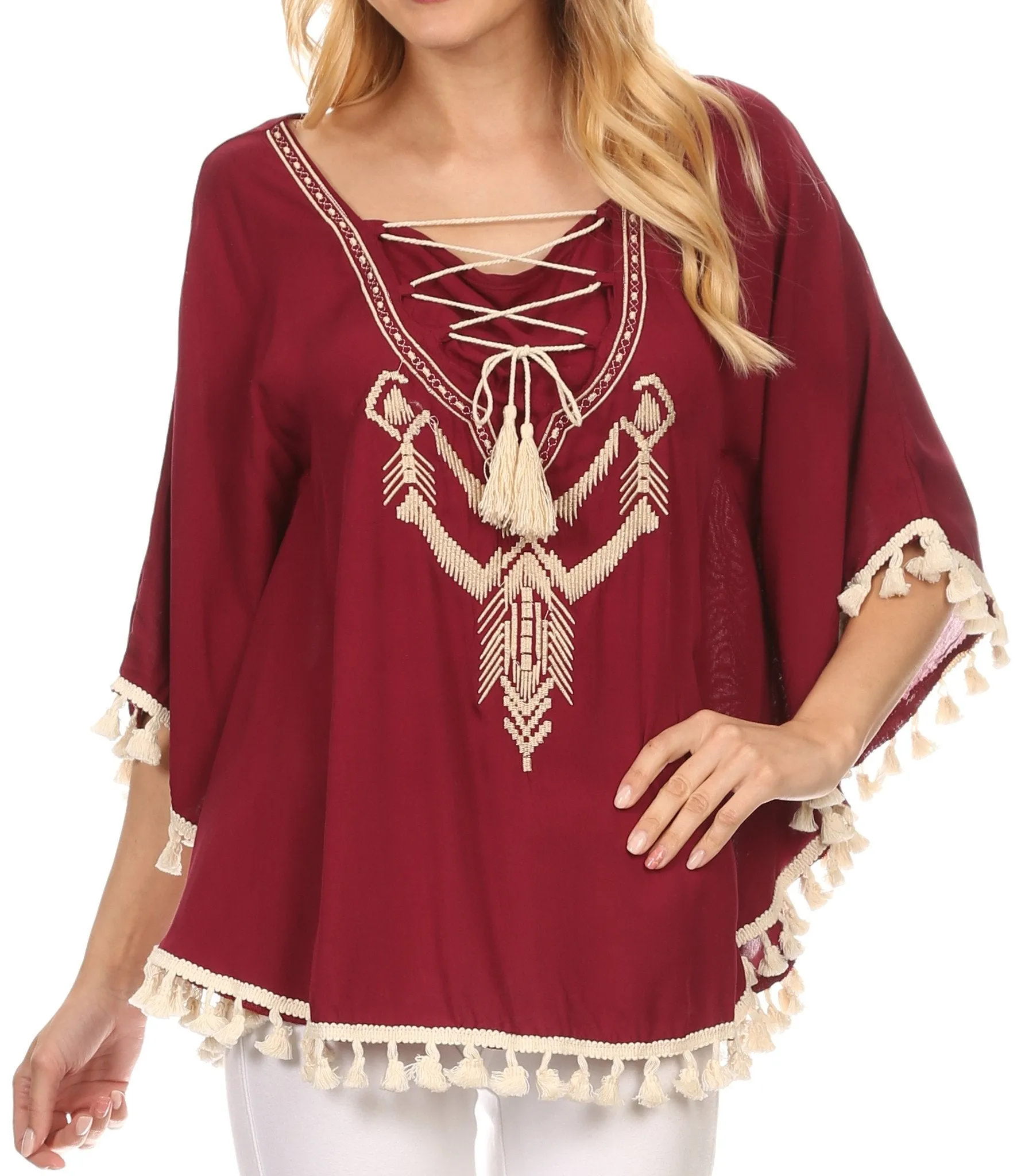 Sakkas Moonla Wide Embroidered Tassel Neck Closure Poncho Tunic Blouse Shirt Top