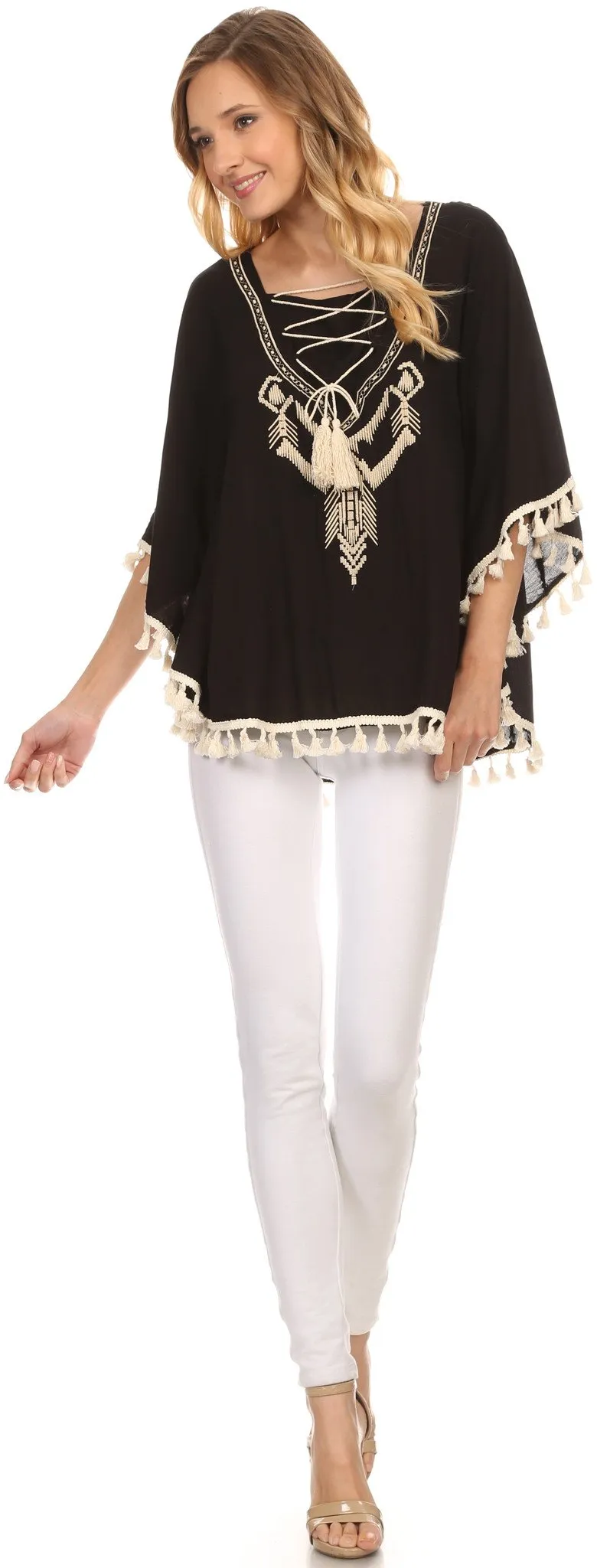 Sakkas Moonla Wide Embroidered Tassel Neck Closure Poncho Tunic Blouse Shirt Top