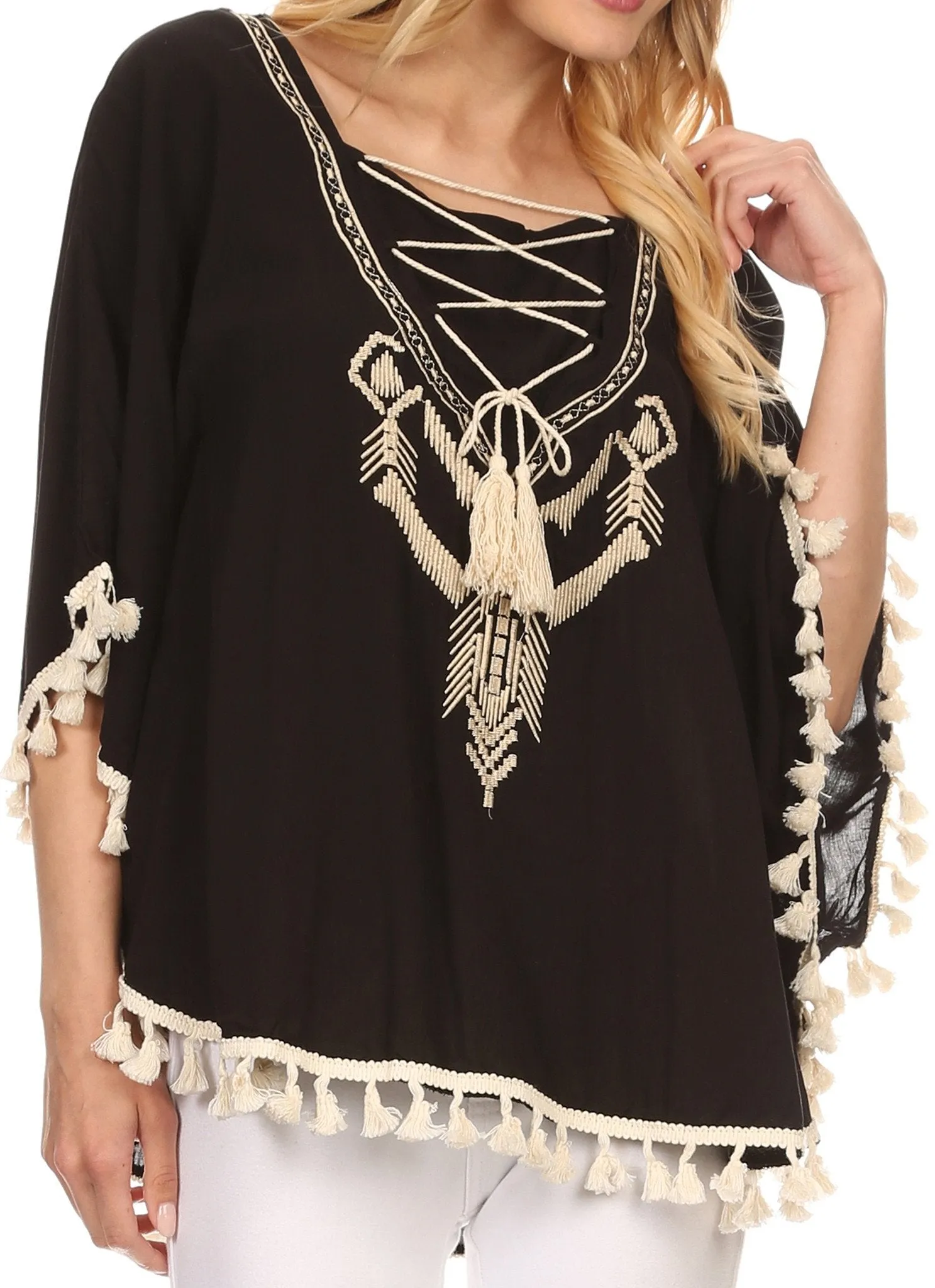 Sakkas Moonla Wide Embroidered Tassel Neck Closure Poncho Tunic Blouse Shirt Top