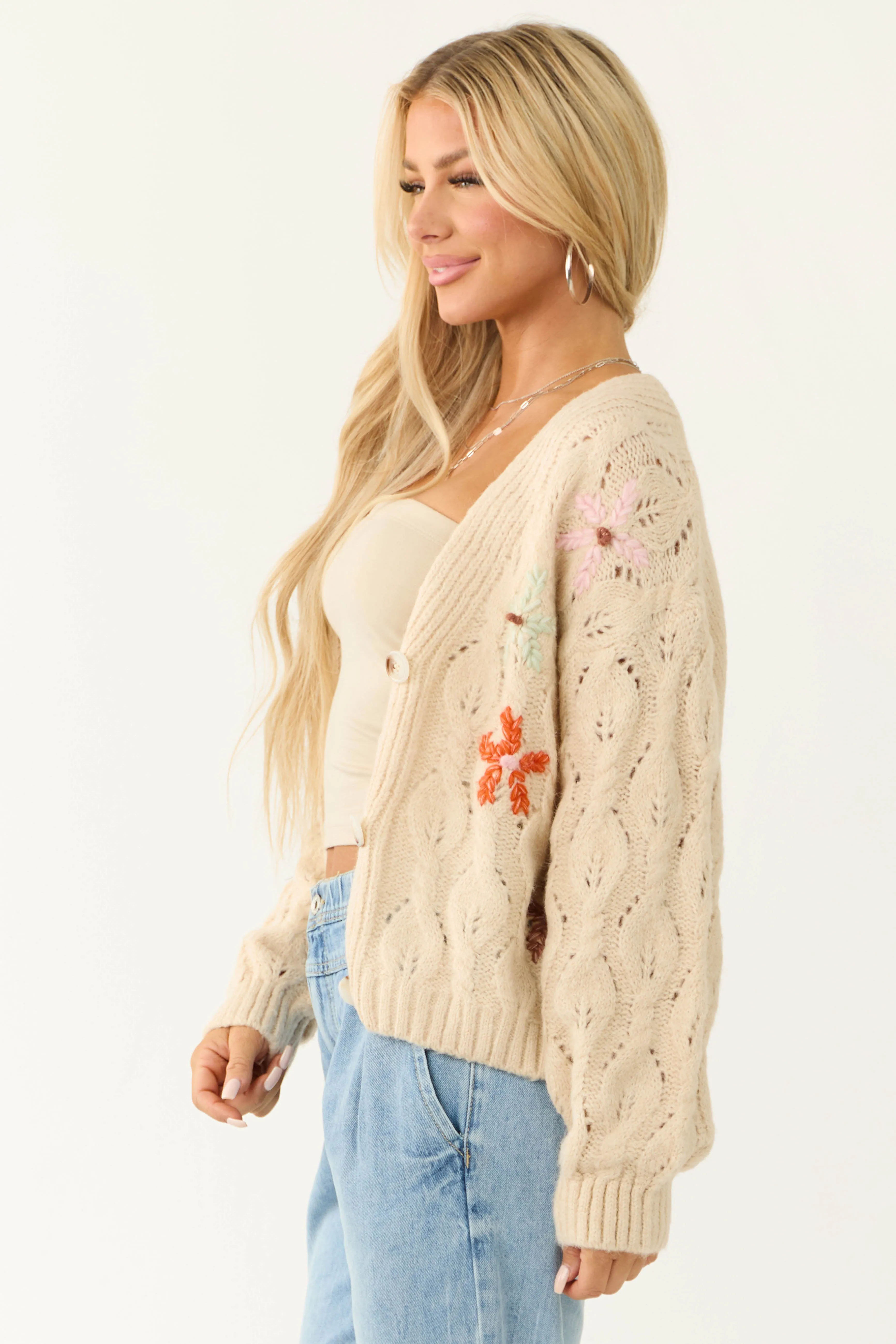 Sand Button Down Floral Embroidered Cardigan