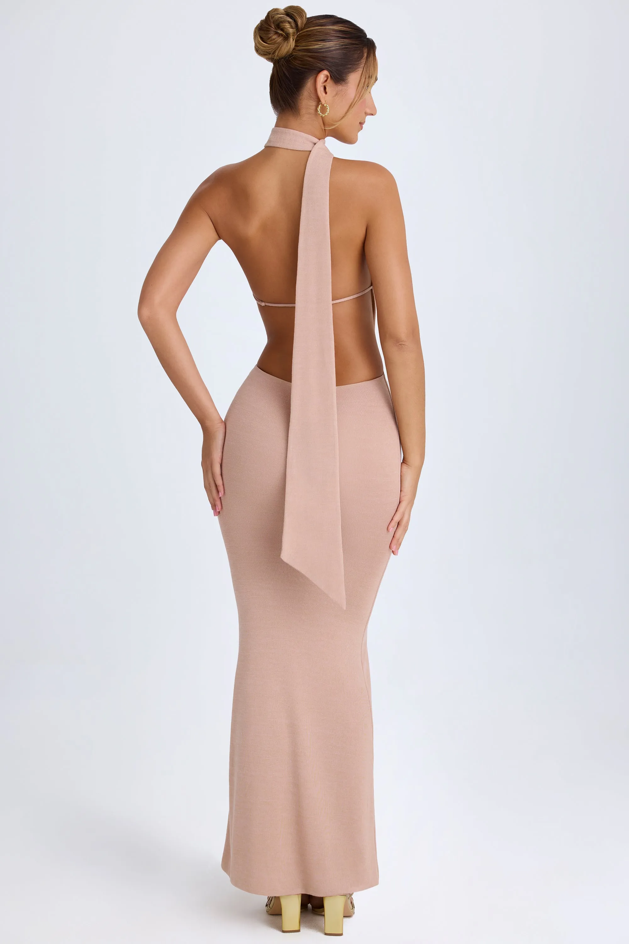 Scarf-Detail Cut-Out Halterneck Maxi Dress in Warm Peach