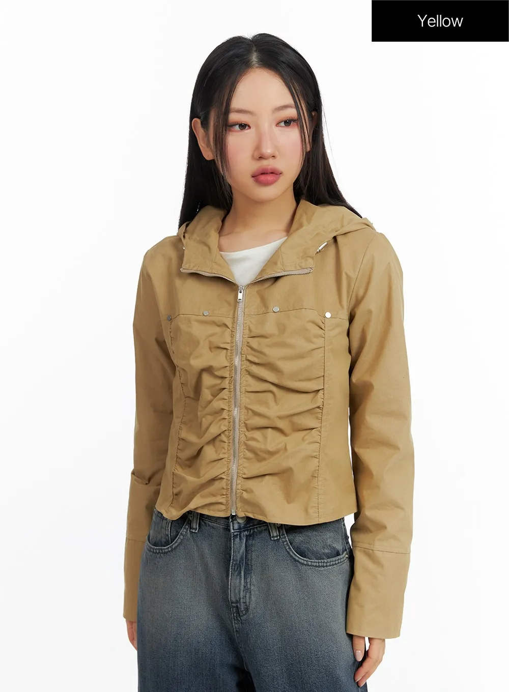 Shirring Hooded Zip-Up Bomber Jacket CF408