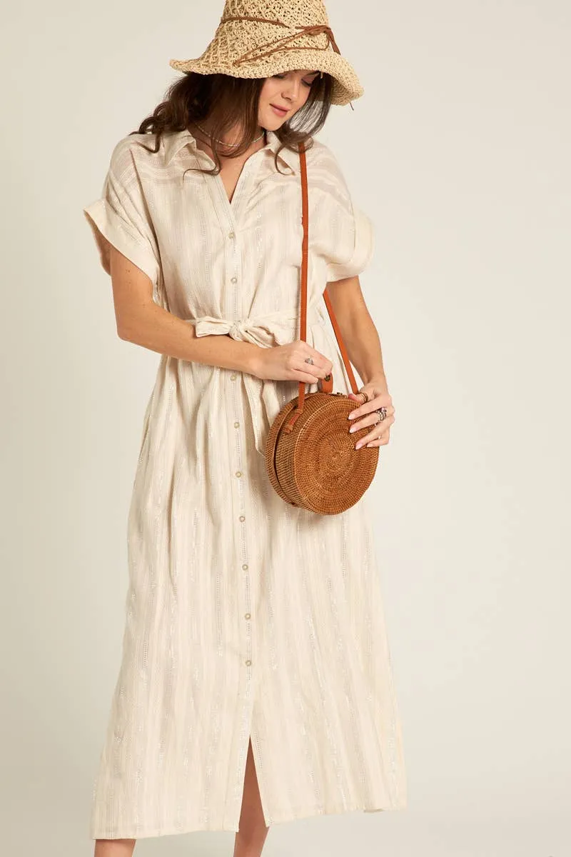 Short Sleeve Button Down Midi Dress with Lurex