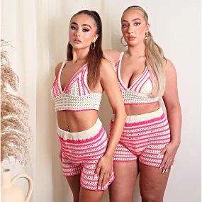 SIERRA Pink Crochet Shorts Resort Set