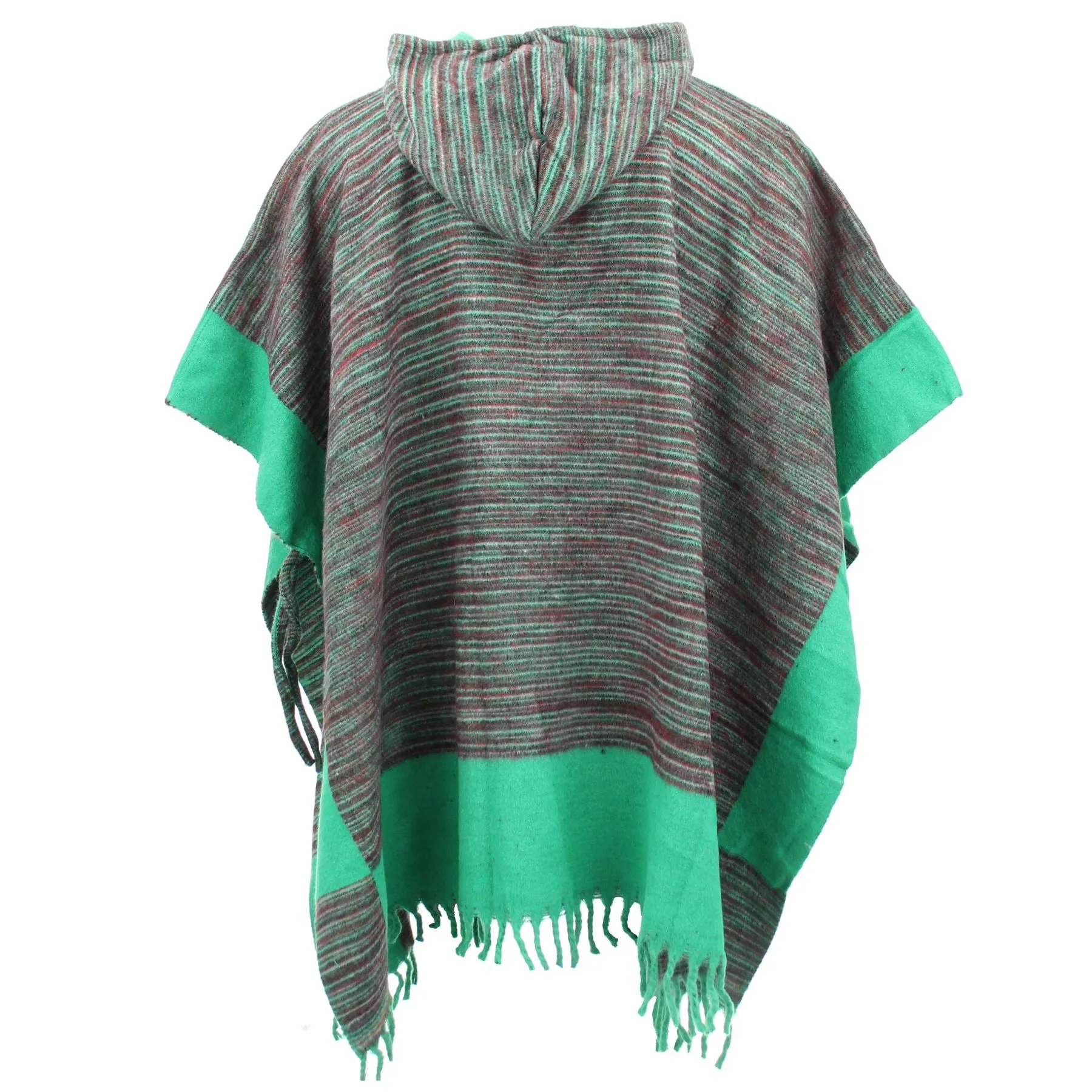 Soft Vegan Wool Hooded Tibet Poncho - Red Grey & Light Green