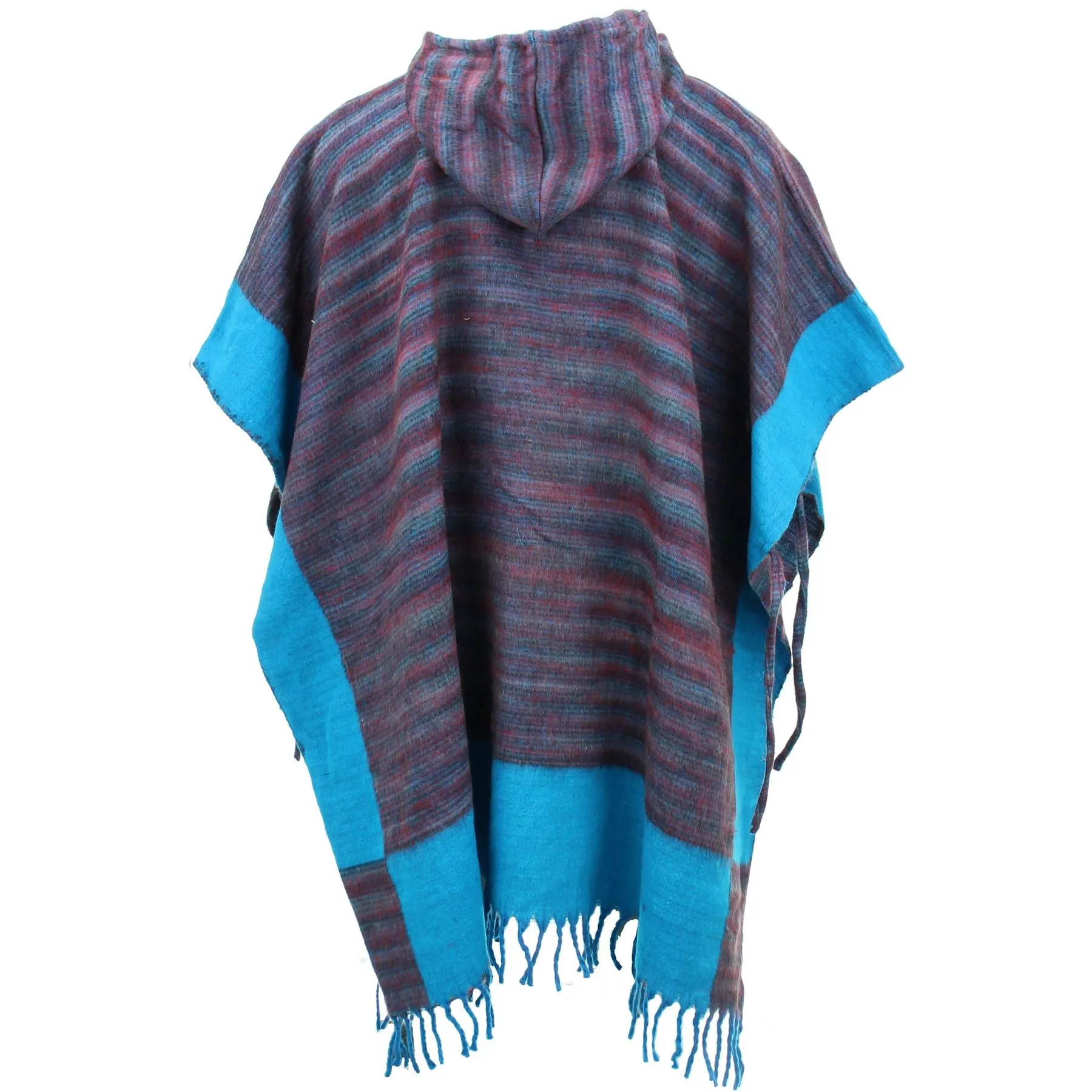 Soft Vegan Wool Hooded Tibet Poncho - Red Grey & Turquoise