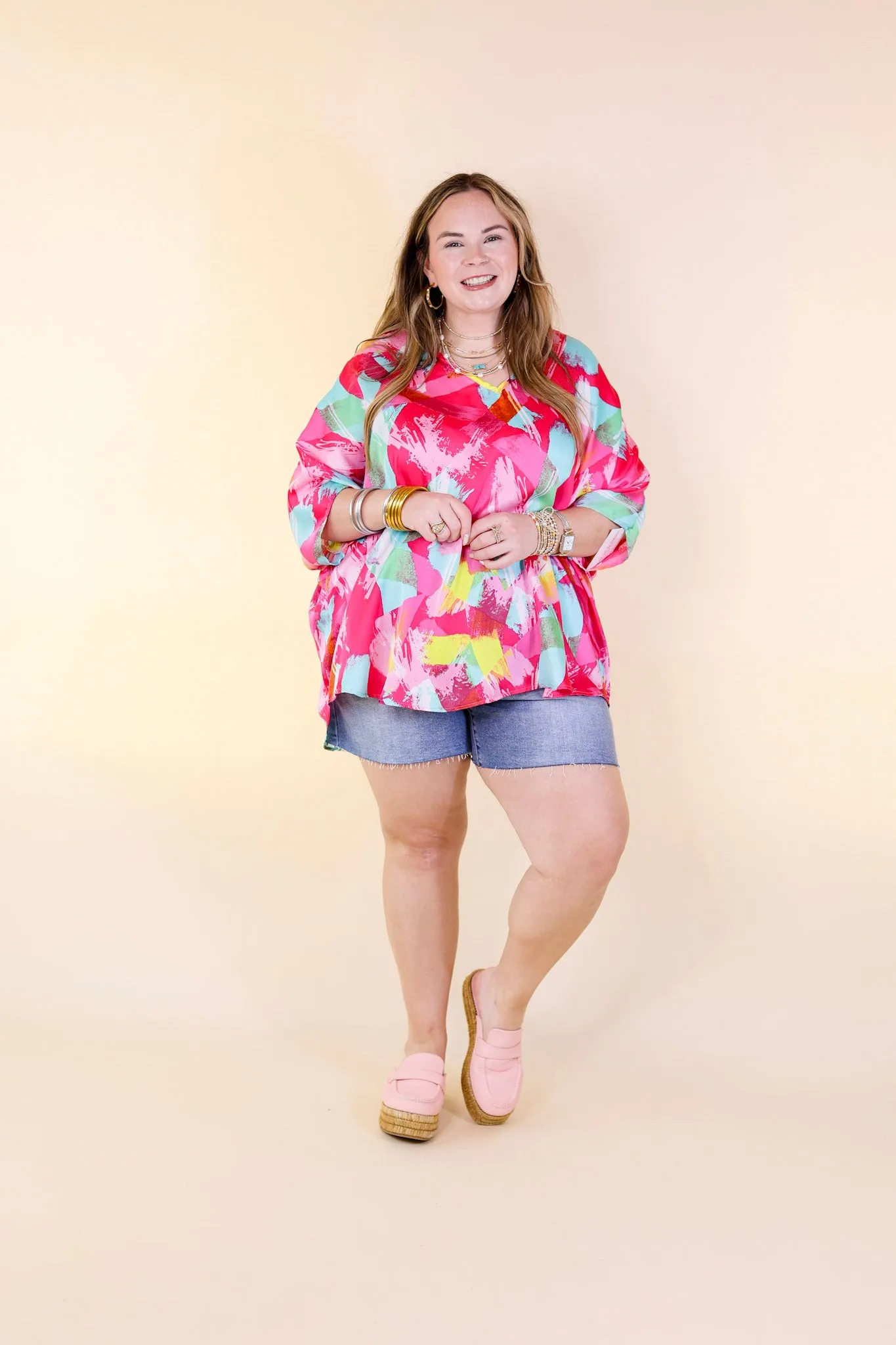 Spring It On Multi Color Brush Stroke Print Poncho Top in Pink Mix