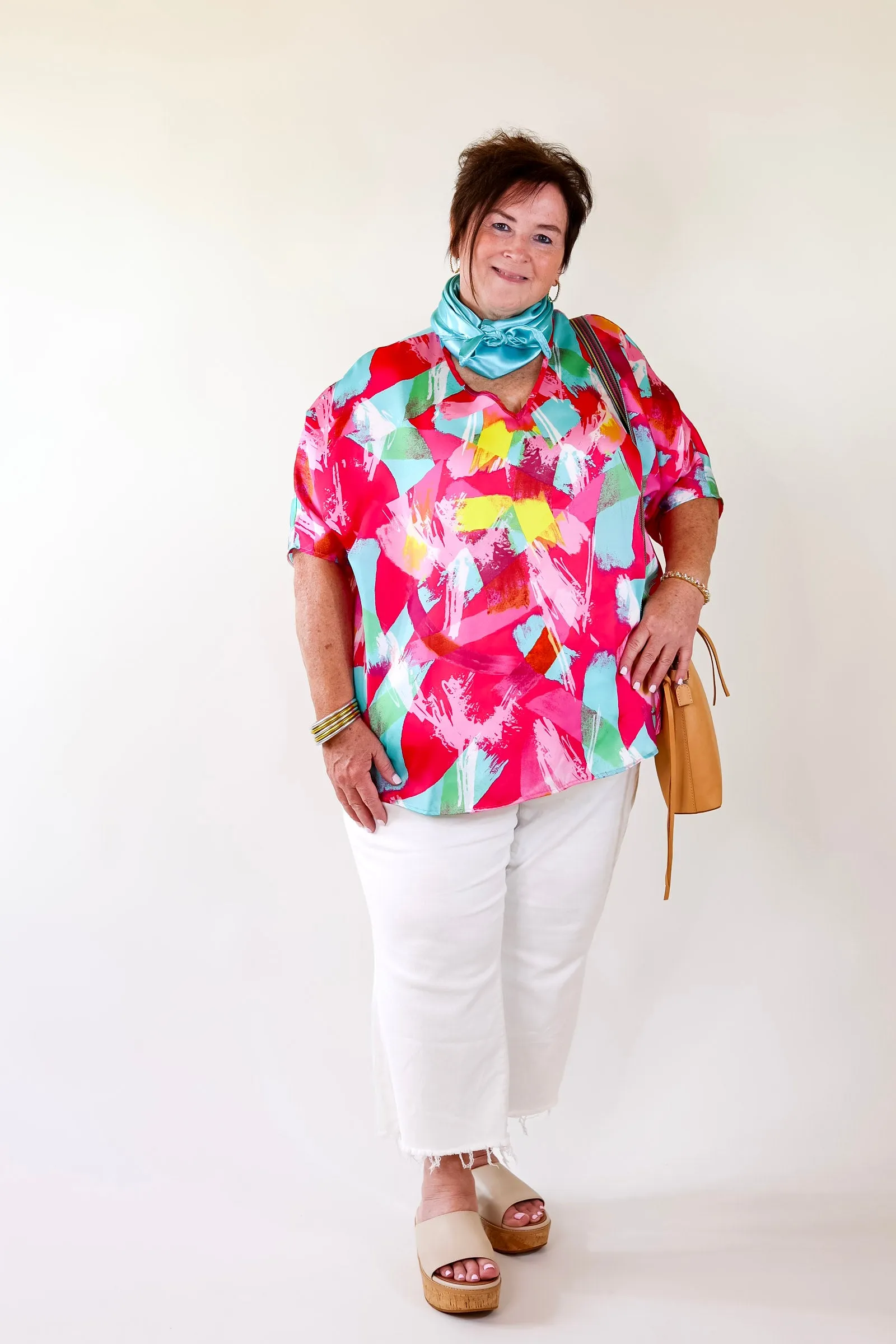 Spring It On Multi Color Brush Stroke Print Poncho Top in Pink Mix