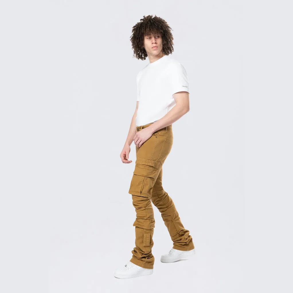 Stacked Flared Cargo Strap Canvas Pants - Wheat