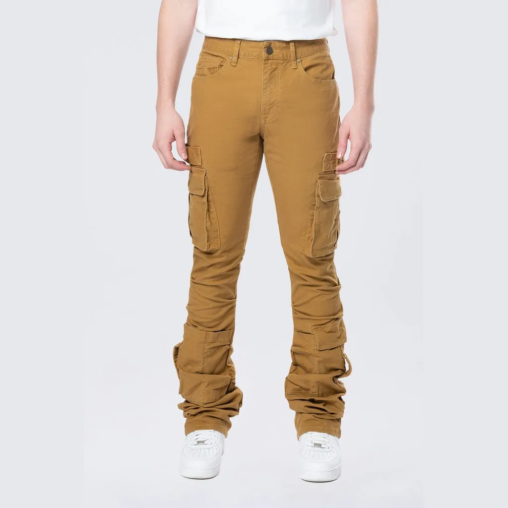 Stacked Flared Cargo Strap Canvas Pants - Wheat