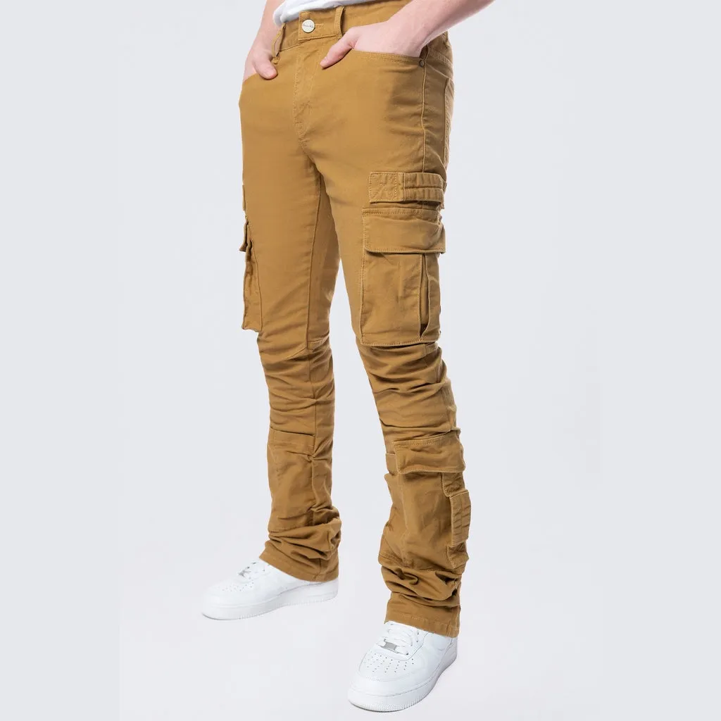 Stacked Flared Cargo Strap Canvas Pants - Wheat