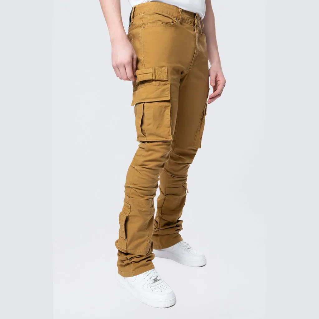 Stacked Flared Cargo Strap Canvas Pants - Wheat